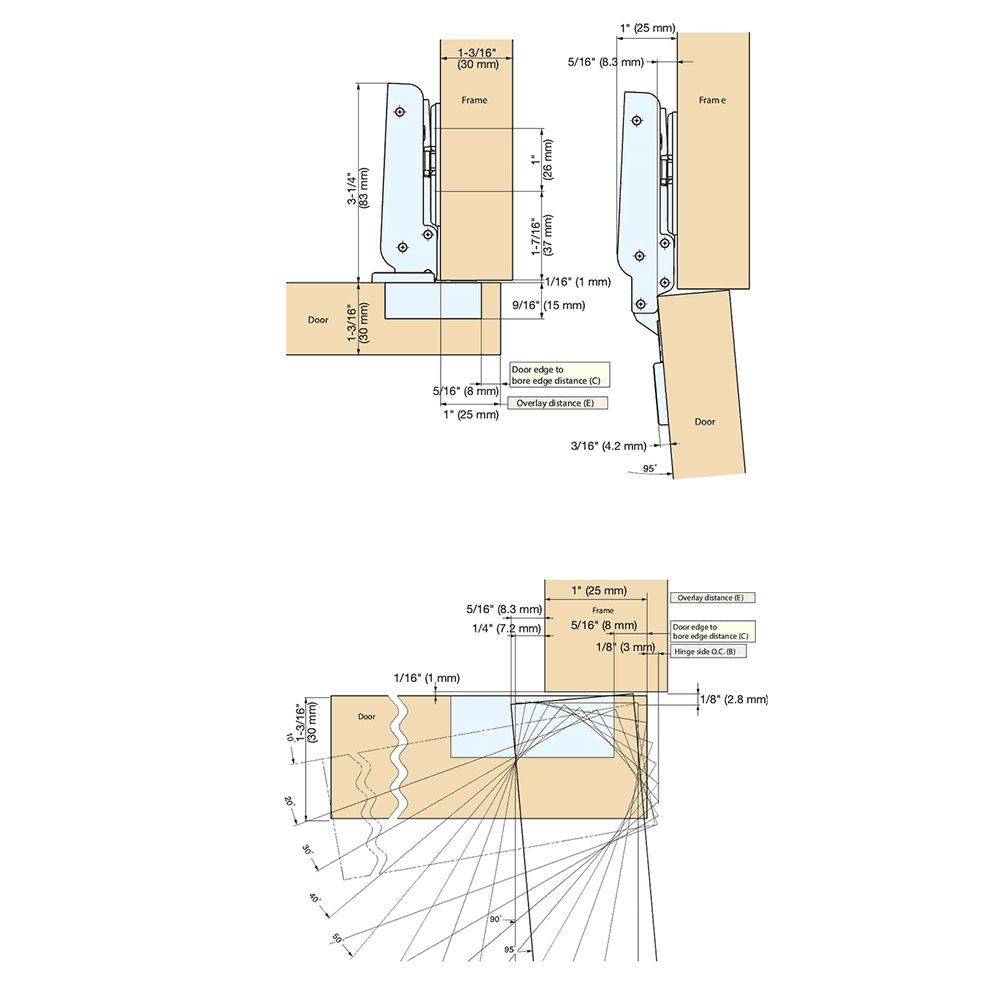 93° Opening Standard Euro Hinge, Free Swinging, 1" Overlay, Nickel Alt 2 - Image