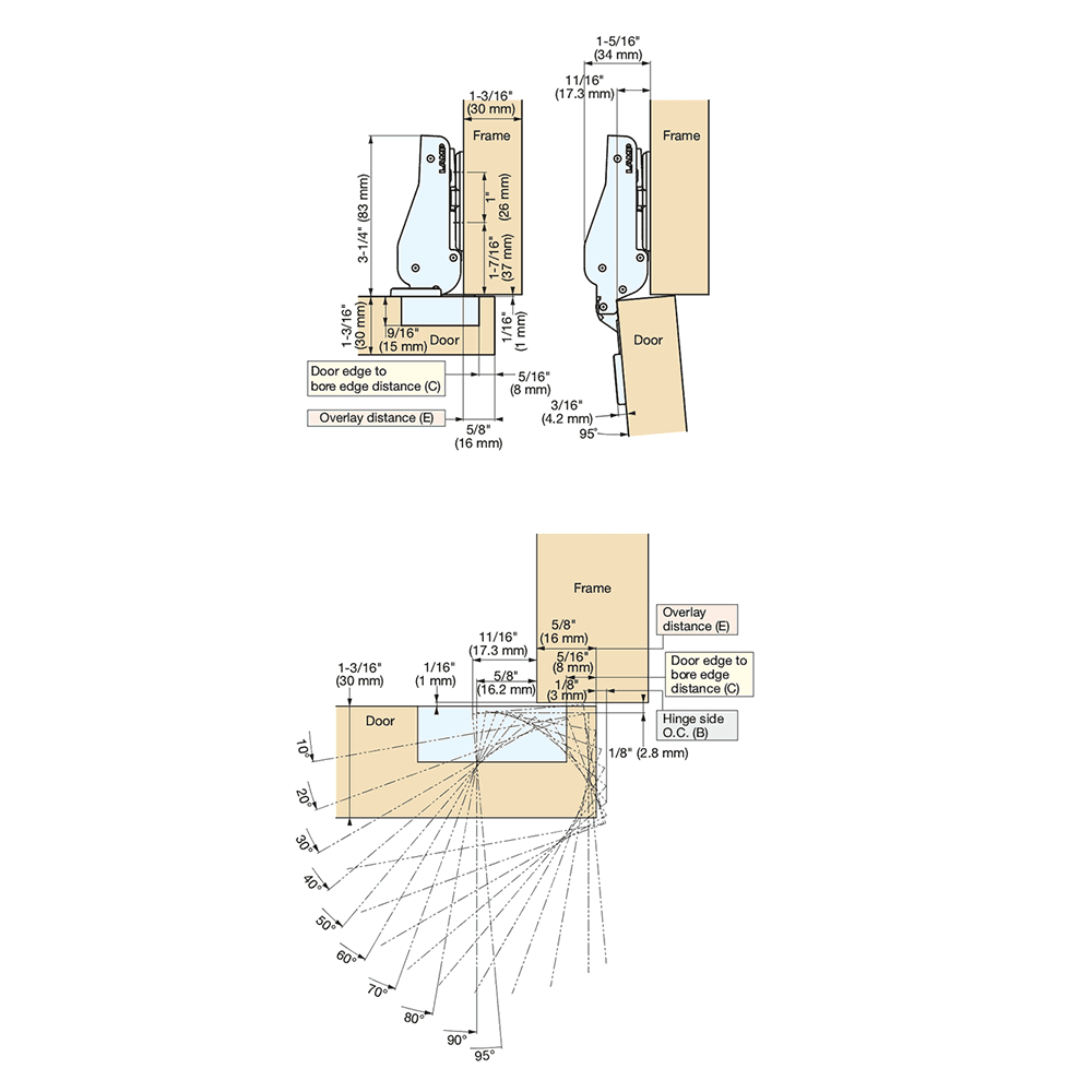 93° Opening Standard Euro Hinge, Self Closing, 5/8" Overlay, Nickel, Screw-On Alt 10 - Image