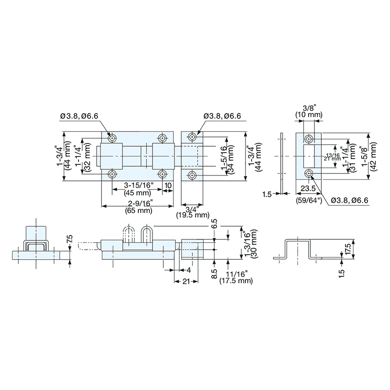 32mm Stainless Steel Slide Bolt, Polished Alt 2 - Image