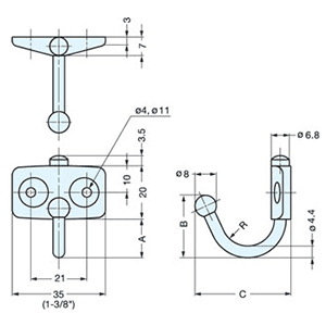 Sugatsune 44.3mm x 42.9mm Swing Hook with Friction - Swivels 180&#730; for Vibration/Shock Environments