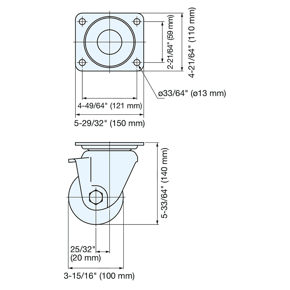 140mm x 150mm Low Profile Heavy Duty Single Caster, Clear Zinc Chromate Alt 1 - Image