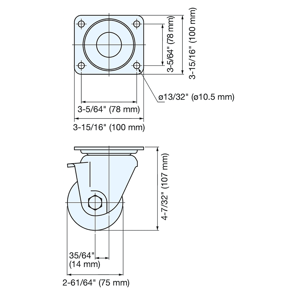 107mm x 100mm Low Profile Heavy Duty Single Caster, Clear Zinc Chromate Alt 1 - Image
