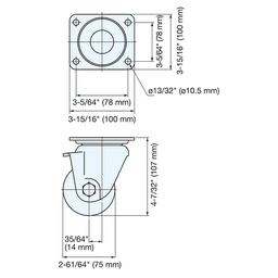 107mm x 100mm Low Profile Heavy Duty Single Caster, Clear Zinc Chromate Alt 1 - Image