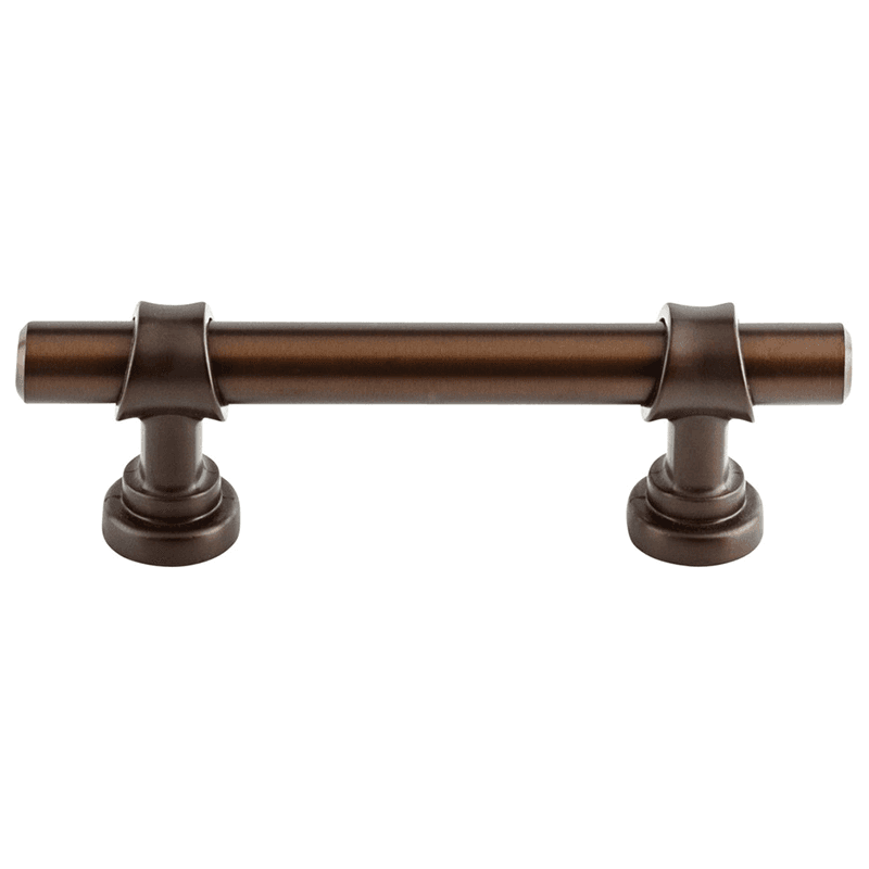 Close up of Dakota Bit Pull in Oil Rubbed Bronze on bathroom vanity.