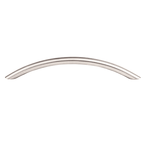 Close-up of Stainless Steel Bowed Bar Pull on wood cabinet