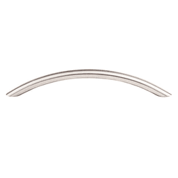 Close-up of Stainless Steel Bowed Bar Pull on wood cabinet