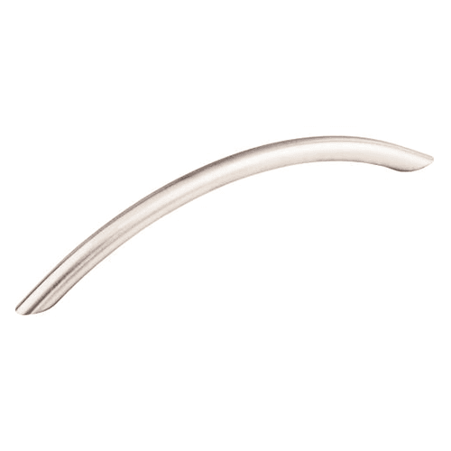 Stainless Steel Bowed Bar Pull in kitchen setting with white cabinets and marble countertops