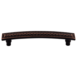 Close-up of Trevi Tuscan Bronze pull on wood cabinet