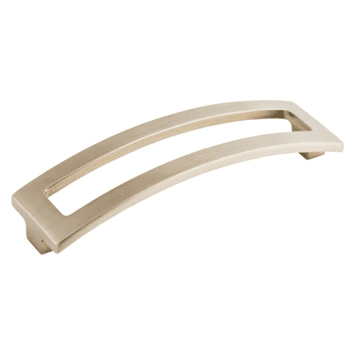 Sanctuary II Euro arched pull with contemporary squared silhouette and asymmetrical details in brushed satin nickel finish