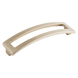 Sanctuary II Euro arched pull with contemporary squared silhouette and asymmetrical details in brushed satin nickel finish