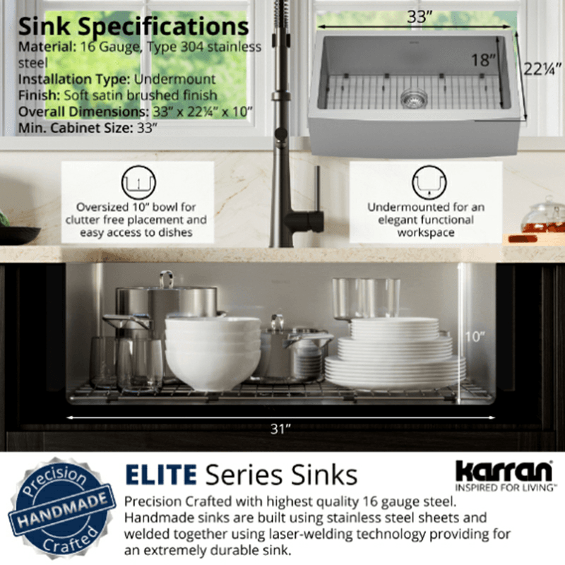 Elite Stainless Steel Farmhouse/Apron Front 16G Single Bowl Kitchen Sink Kit, 33" x 22-1/4" x 10" Alt 7 - Image