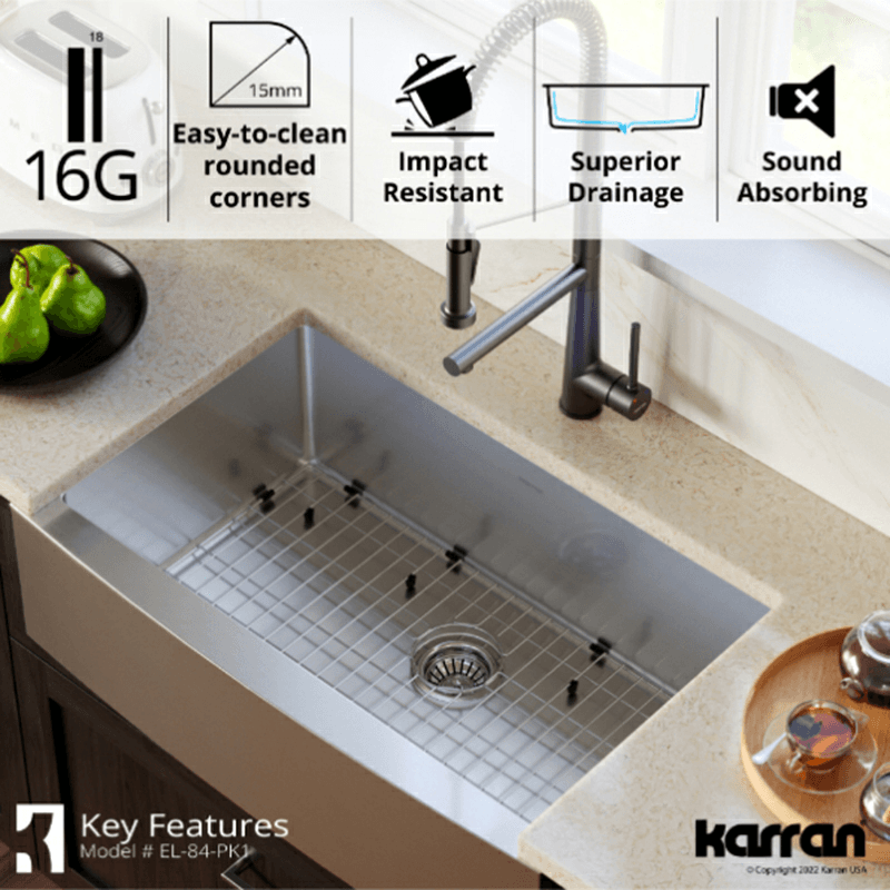 Elite Stainless Steel Farmhouse/Apron Front 16G Single Bowl Kitchen Sink Kit, 33" x 22-1/4" x 10" Alt 8 - Image