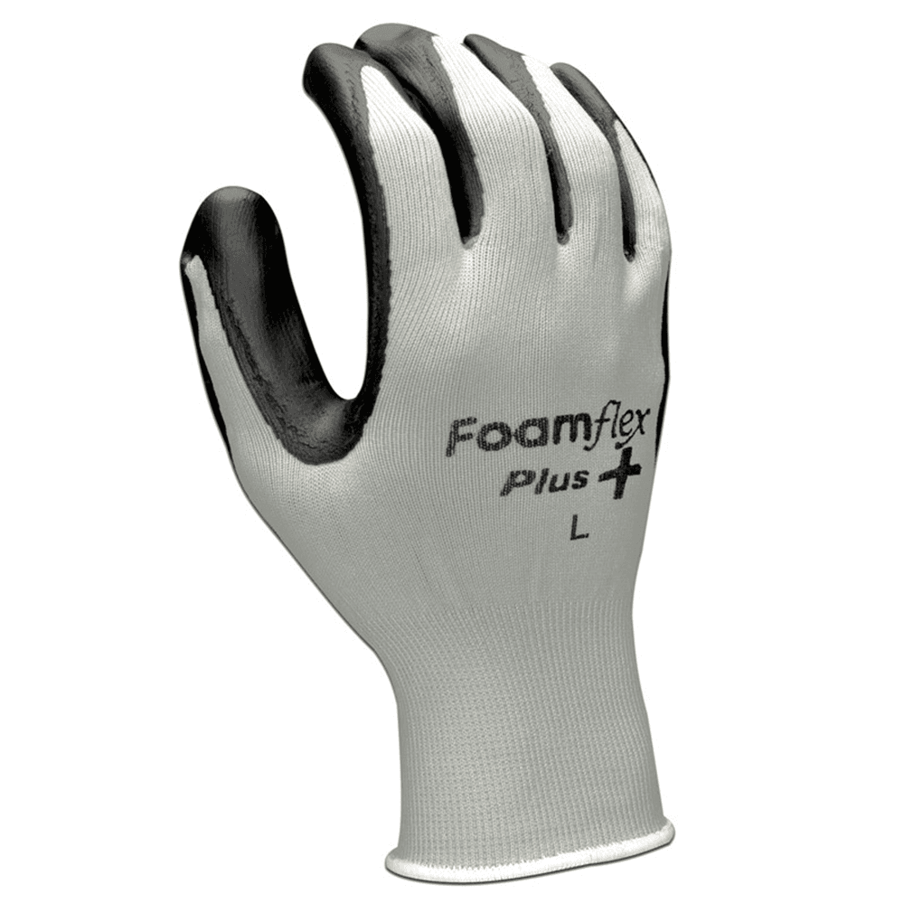15 gauge nylon string knit liner reduces hand fatigue in gray and black gloves