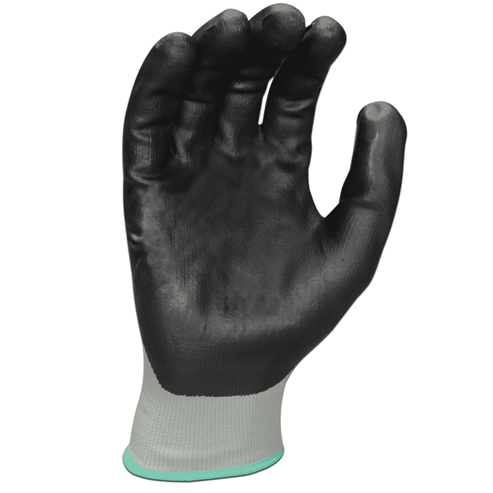 Close-up of foam nitrile coating on gray and black gloves