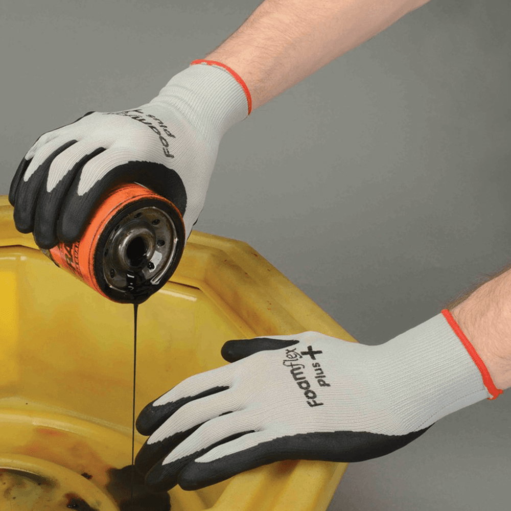 Gray and black foam nitrile coated gloves with nylon string knit liner