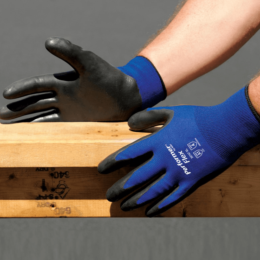 Extra-Large Polyester/Rubber Latex Gloves, Blue/Black - Side View