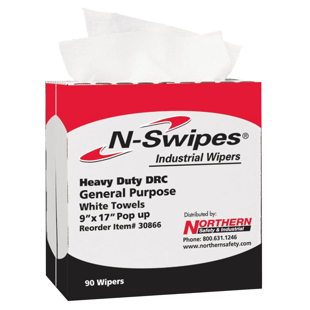 N-Swipes Heavy-Duty Industrial Wiper, White, 9" x 17" (90/Box) - DRC wipers with soft outer layer and highly absorbent inner layer for tough spills and clean-up tasks.