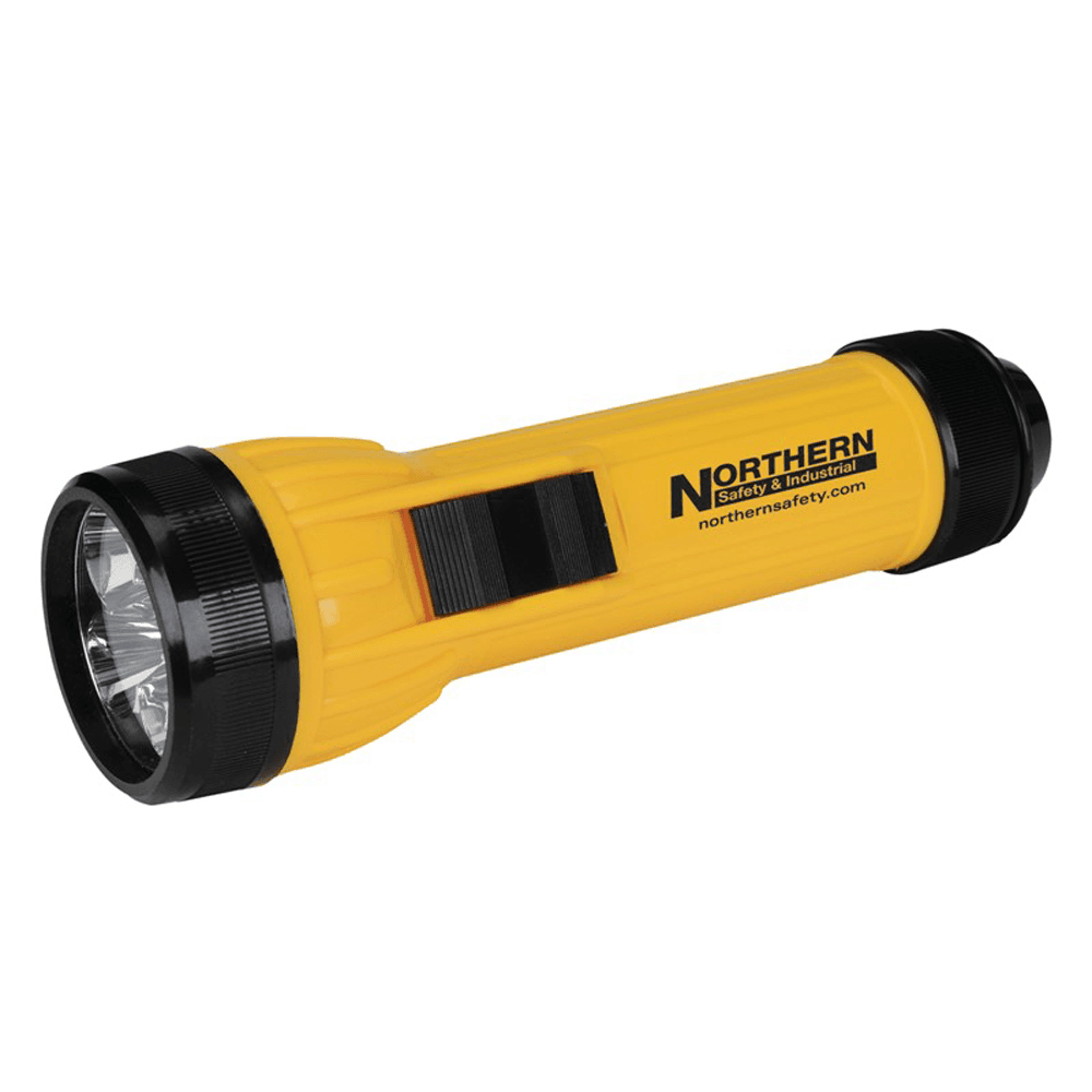 Heavy-duty polyethylene construction flashlight that requires 2 D-cell batteries