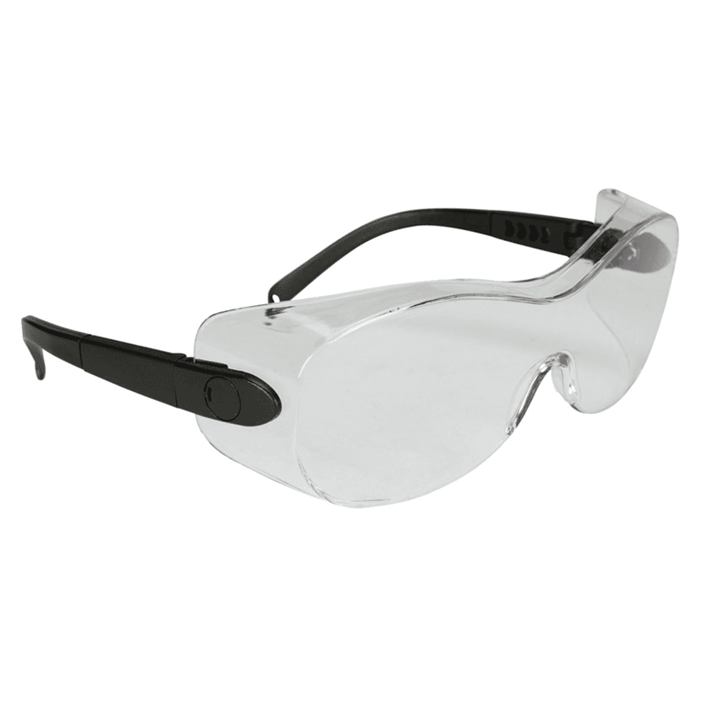 Clear low profile OTG lens safety glasses with adjustable temples and superior coverage