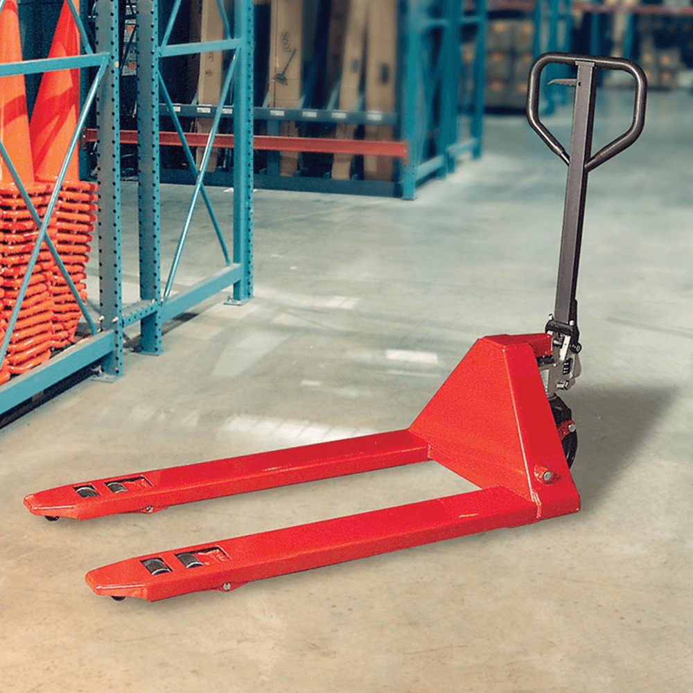 Effortless loading and unloading with Northern Safety Pallet Truck - Heavy-duty steel rollers and nylon wheels.