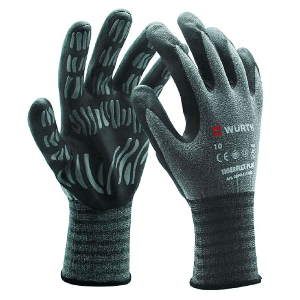 Gray Tigerflex Plus Nylon/Spandex Nitrile Foam Coated Gloves with excellent wet/dry grip and outstanding dexterity.