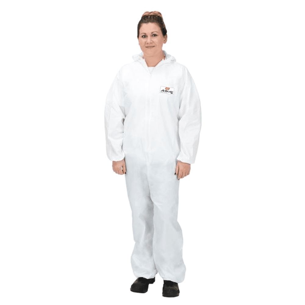 White disposable coverall with sewn seams and front zipper closure for non-hazardous environments by WA¬rth