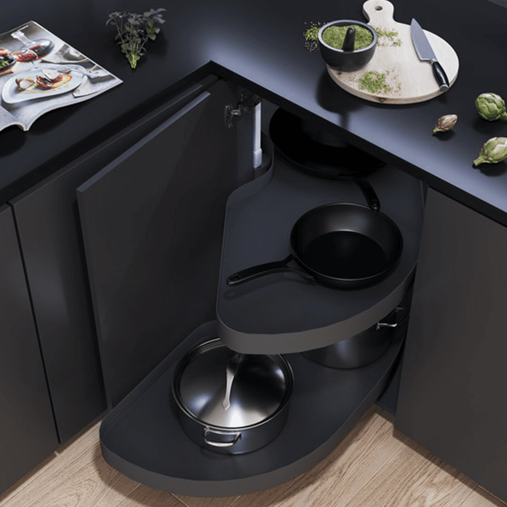 2 Tier Cornerstone® Maxx Planero Left-Hand Blind Corner Pull-Out with PAM and Soft-Closing for 21" Cabinet Openings, Carbon Steel Gray - Alt Image 1