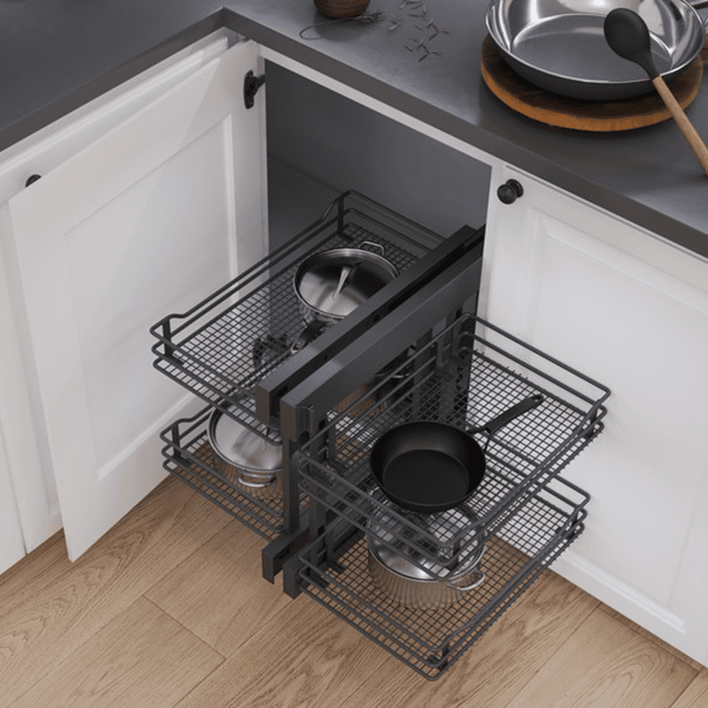 2-Tier Saphir Full Access Blind Corner Pull-Out with Soft-Closing for 15" Cabinet Opening, Carbon Steel Gray - Alt Image 1