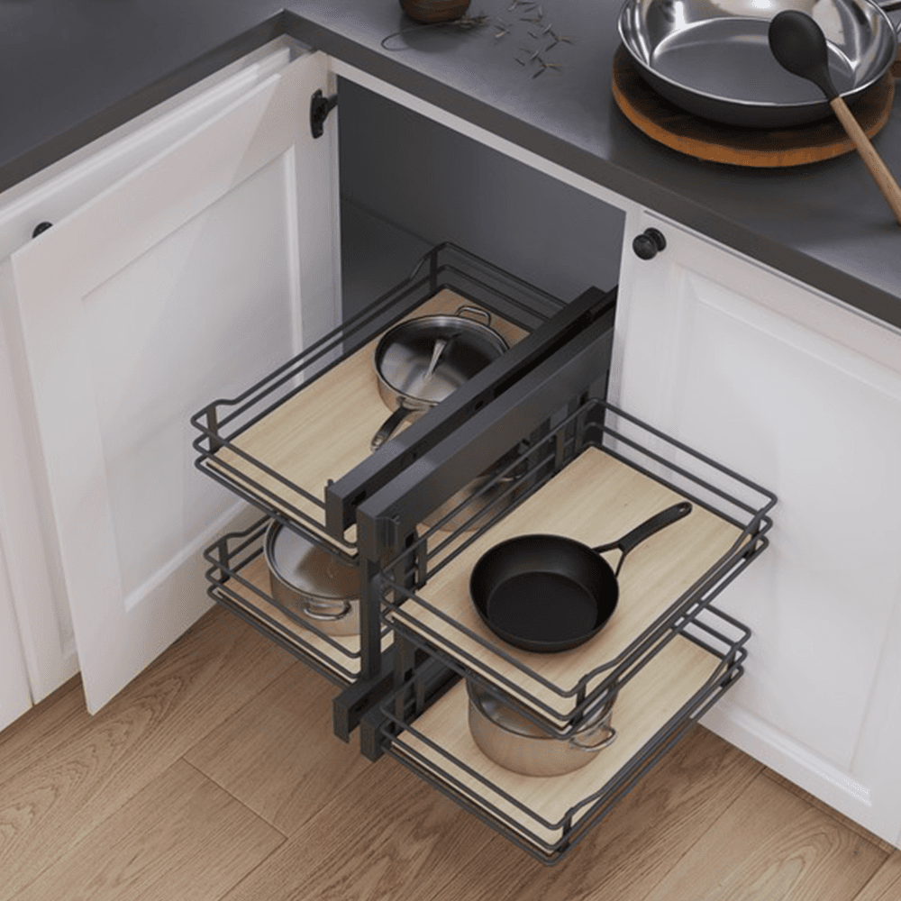 2-Tier Scalea Full Access Blind Corner Pull-Out with Soft-Closing for 15" Cabinet Opening, Walnut - Alt Image 3
