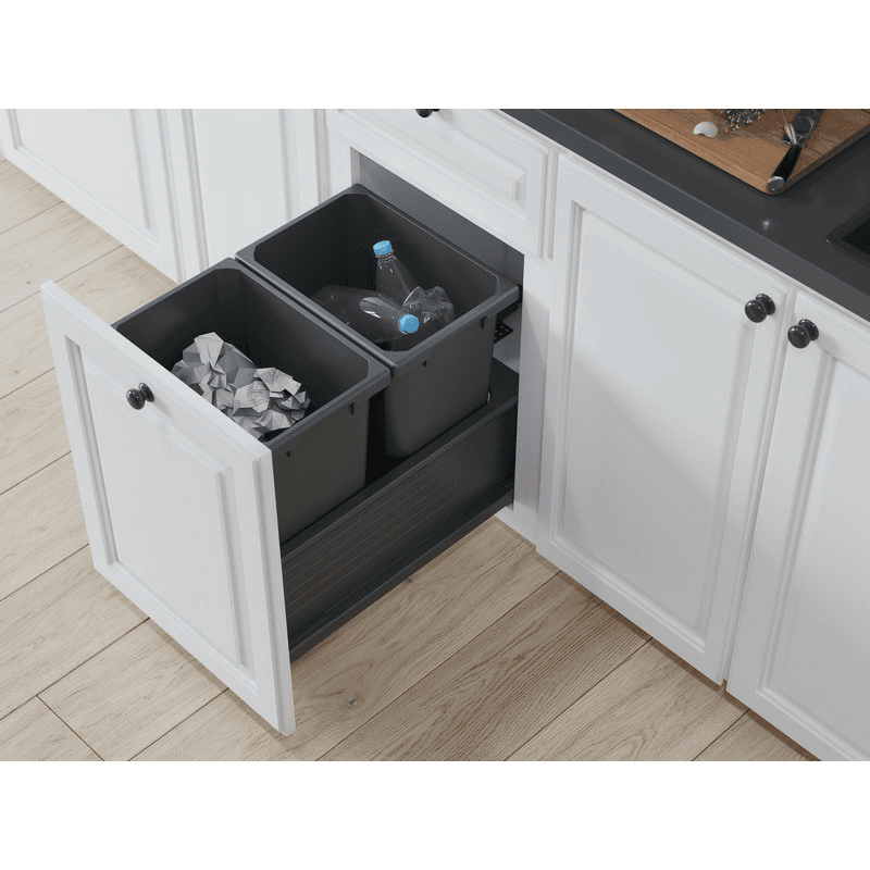 Double 35 QT Bottom-Mount Planero Waste Container Pullout with Soft-Closing and Walnut Side Panel, Gray - Alt Image 2