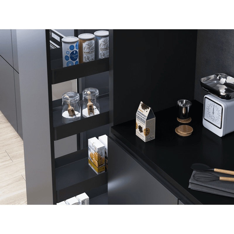 8.5" x 47.25" 3-Shelf Planero Pullout Pantry with PAM and Soft-Closing, Carbon Steel Gray - Alt Image 2