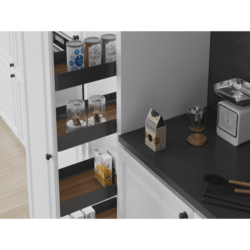 8.5" x 57" 4-Shelf Planero Pullout Pantry with PAM and Soft-Closing, Carbon Steel Gray - Alt Image 2