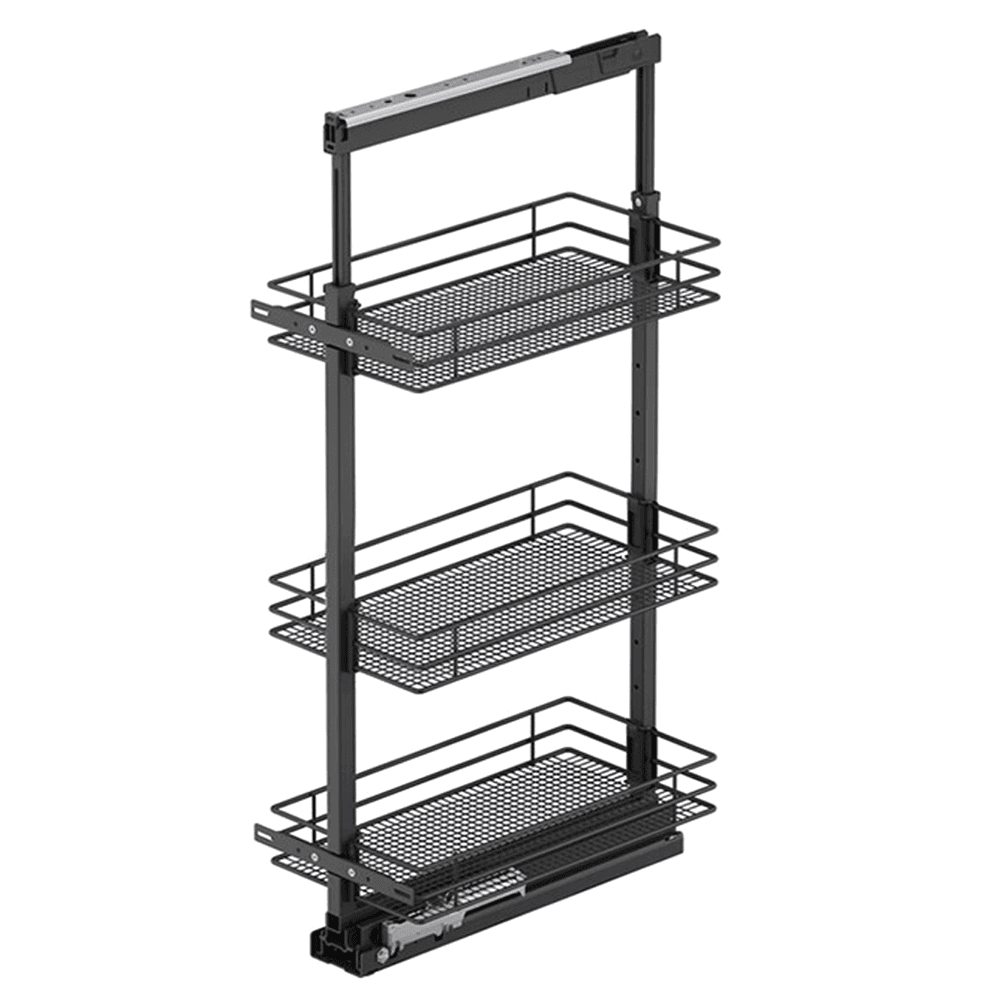 8.5" x 47.25" 3-Shelf Saphir Wire Pullout Pantry with PAM and Soft-Closing, Carbon Steel Gray - Alt Image 1