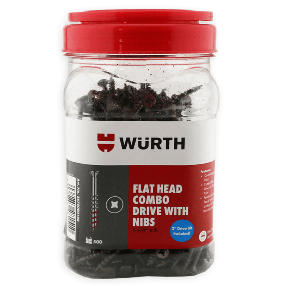 WA?rth 1-1/4" x 8 Flat Head Phillips/Square Drive Cabinet Assembly Screw, Turbo Thread with Nibs and Regular Point, Lubricated, Jar of 500