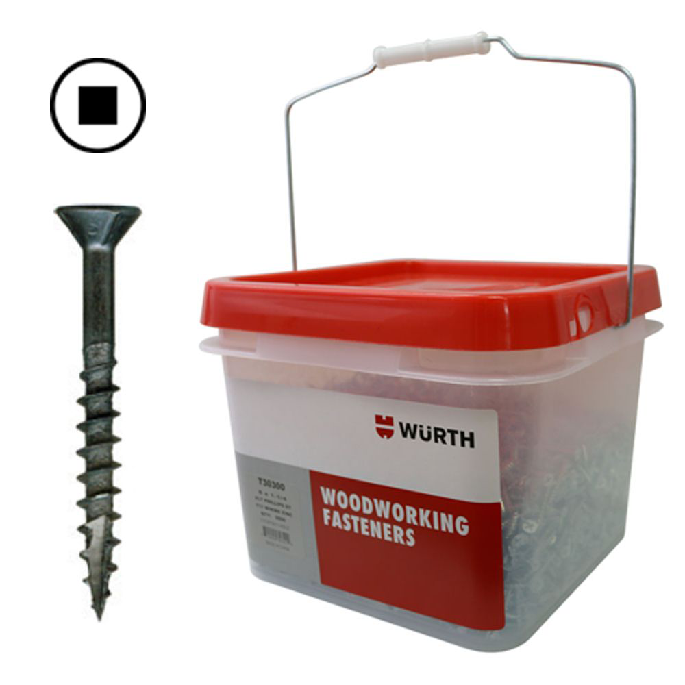 W&uuml;rth 1-1/2" x 8 Flat Head Square Drive Cabinet Assembly Coarse Thread with Nibs and Type 17 Point Black Bucket of 5 Thousand Image 1