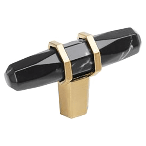 2-1/2" Carrione T-Handle Cabinet Knob, Marble Black/Champagne Bronze