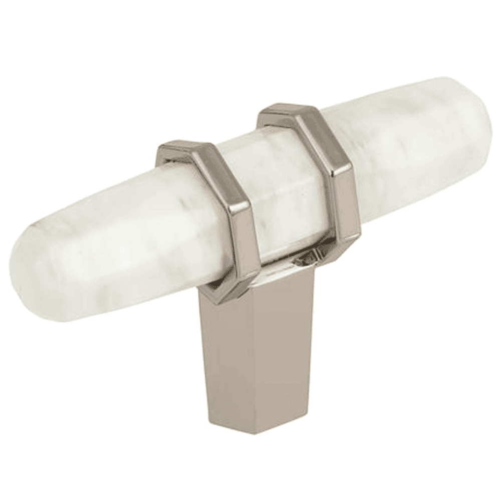 2-1/2" Carrione™ T-handle Knob, Marble White/Polished Nickel