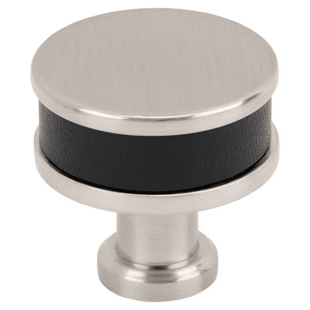 32mm Fairlane Cabinet Knob, Black Leather/Satin Nickel