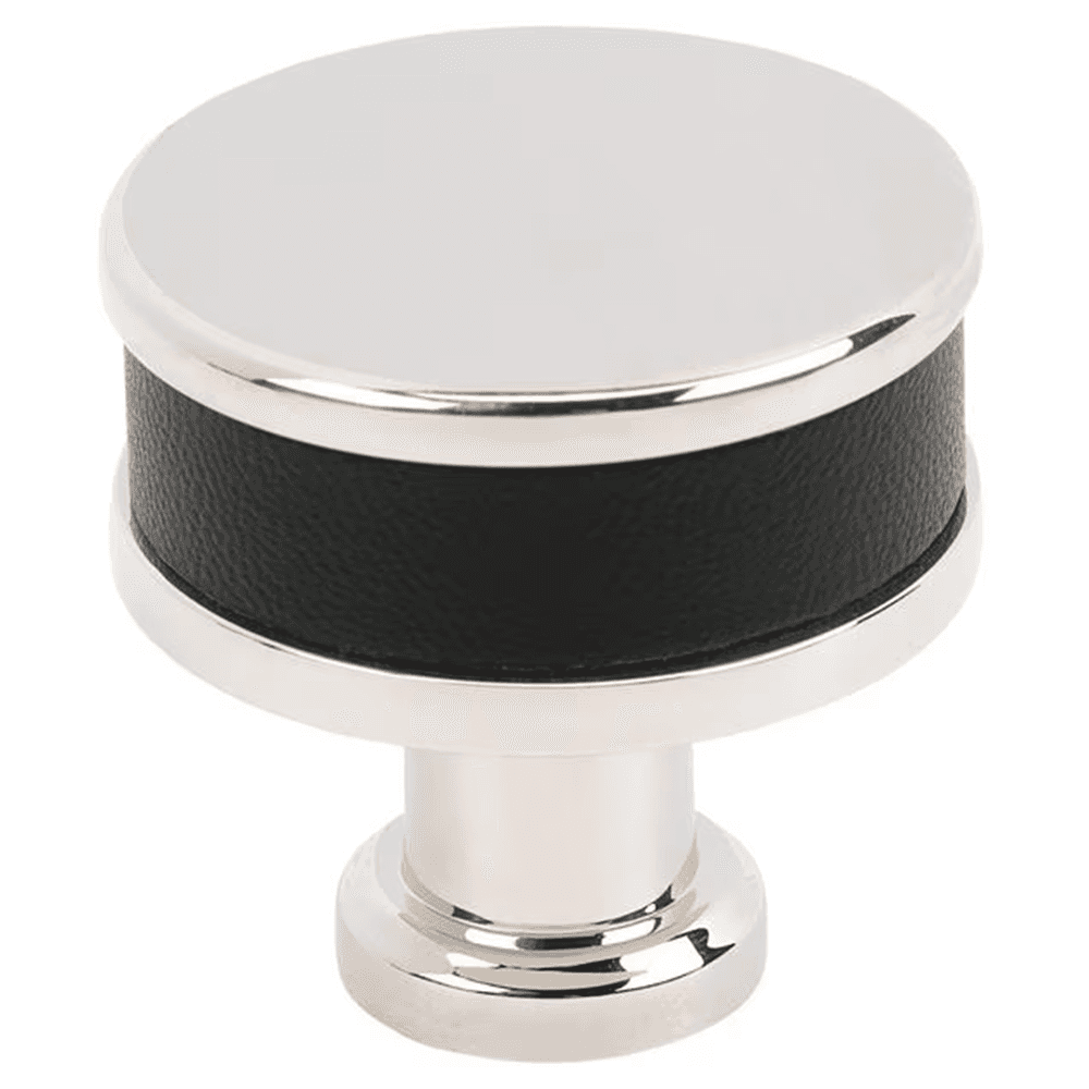 32mm Fairlane Cabinet Knob, Black Leather/Polished Nickel