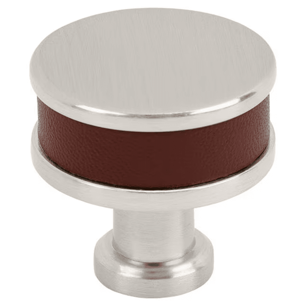 32mm Fairlane Cabinet Knob, Brown Leather/Satin Nickel