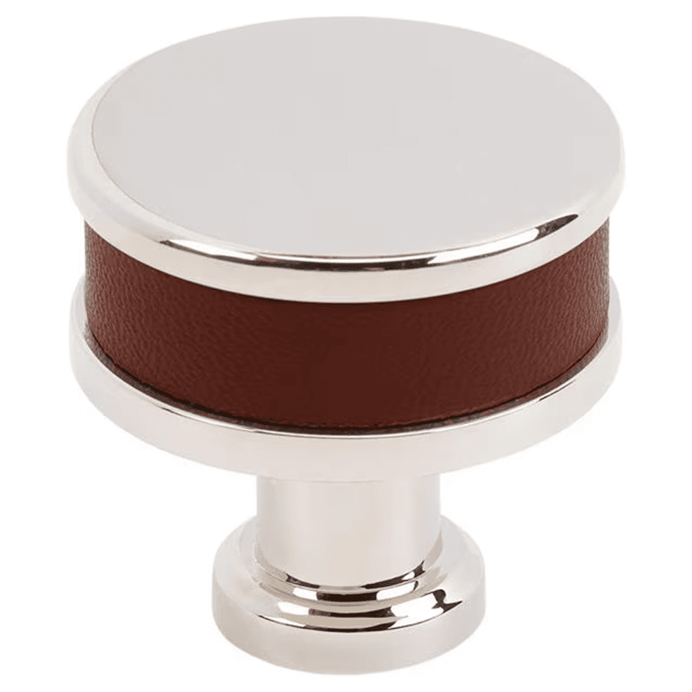 32mm Fairlane Cabinet Knob, Brown Leather/Polished Nickel