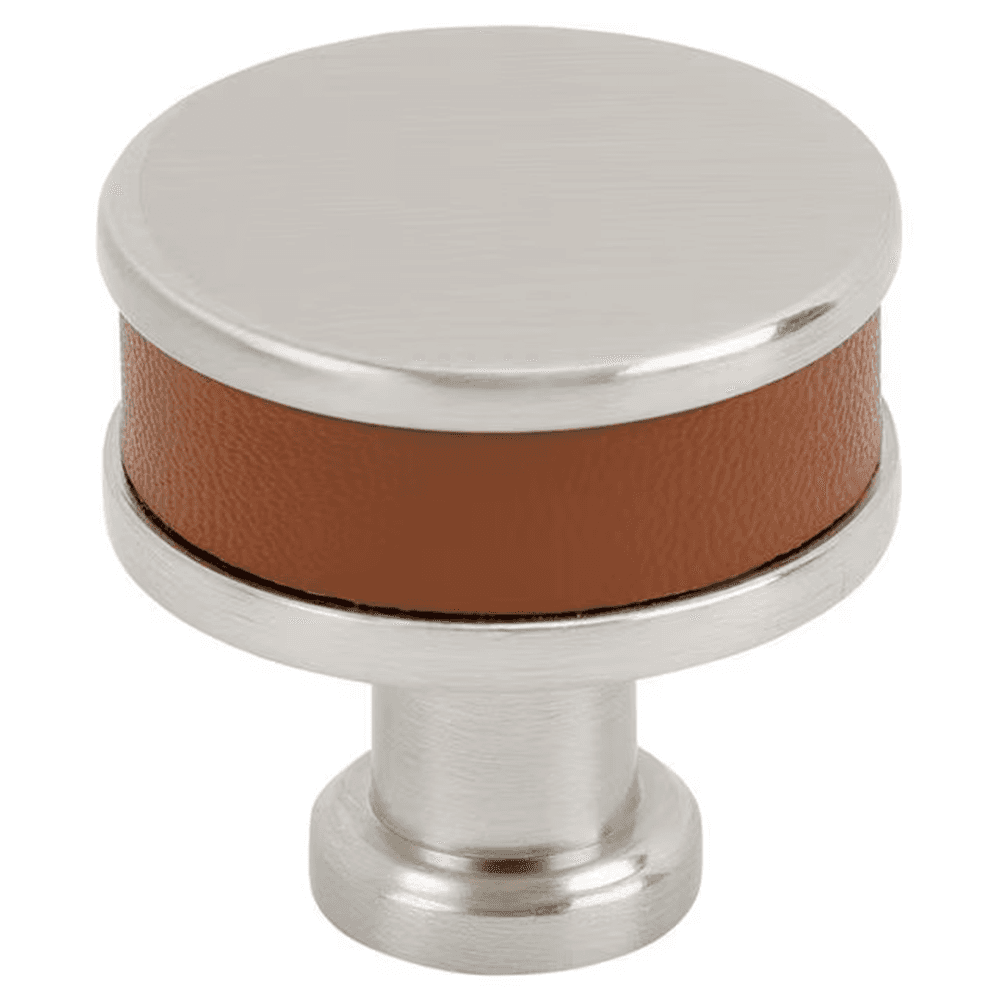32mm Fairlane Cabinet Knob, Cognac Leather/Satin Nickel