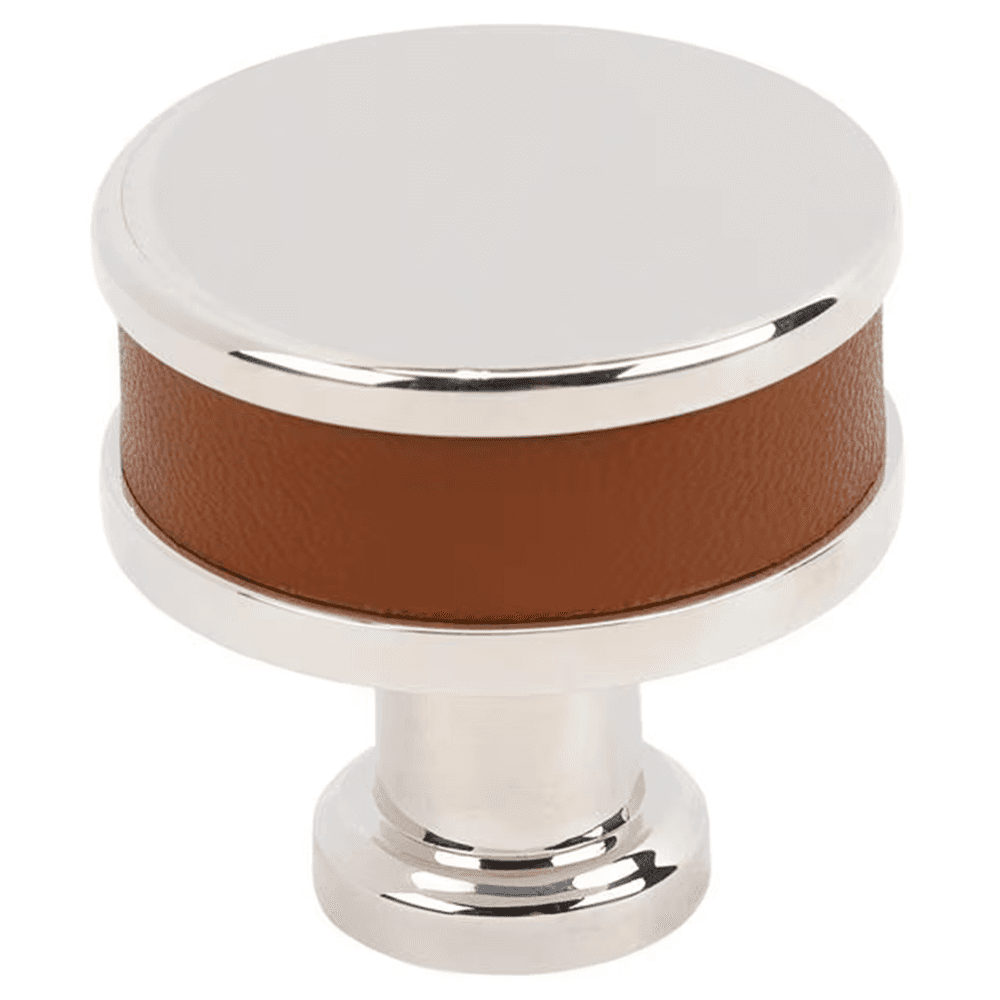 32mm Fairlane Cabinet Knob, Cognac Leather/Polished Nickel