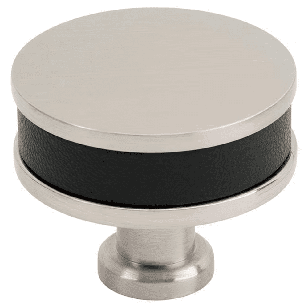 38mm Fairlane Cabinet Knob, Black Leather/Satin Nickel