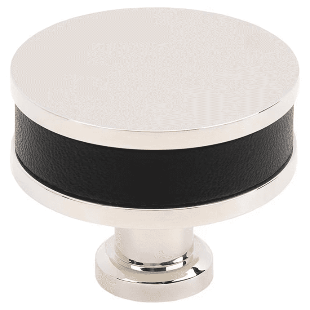 38mm Fairlane Cabinet Knob, Black Leather/Polished Nickel