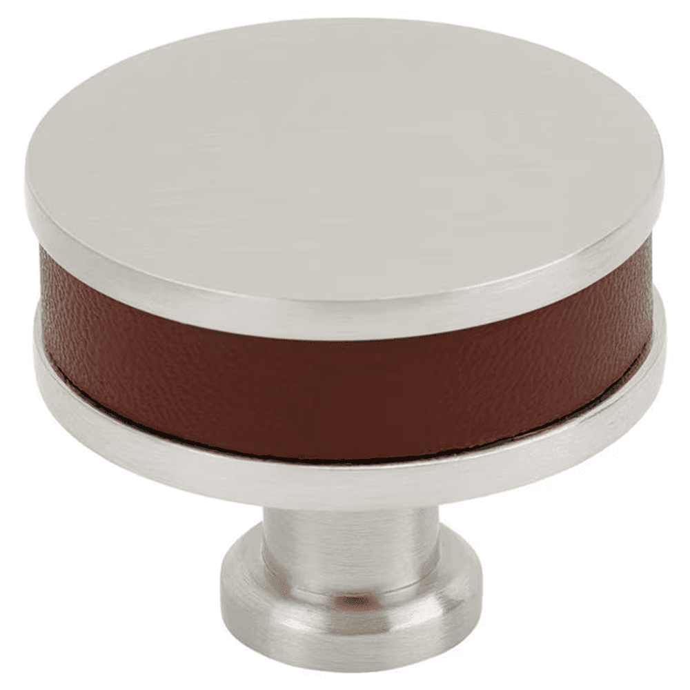 38mm Fairlane Cabinet Knob, Brown Leather/Satin Nickel