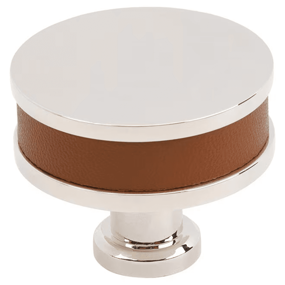 38mm Fairlane Cabinet Knob, Cognac Leather/Polished Nickel