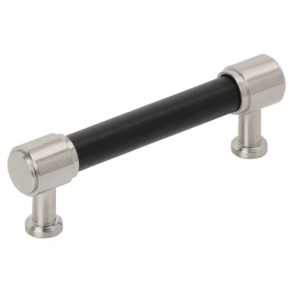 96mm Fairlane Cabinet Pull, Black Leather/Satin Nickel