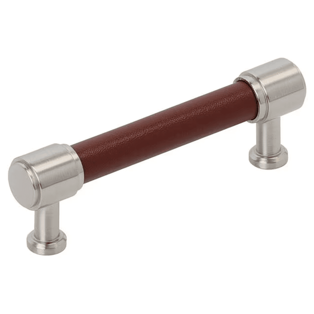96mm Fairlane Cabinet Pull, Brown Leather/Satin Nickel
