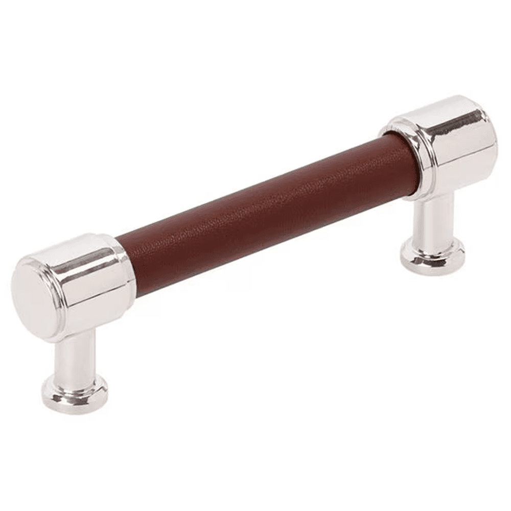 96mm Fairlane Cabinet Pull, Brown Leather/Polished Nickel